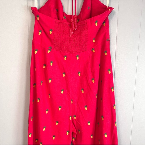 Farm Rio Embroidered Pineapples Red Jumpsuit size L linen blend halter top - Picture 9 of 16